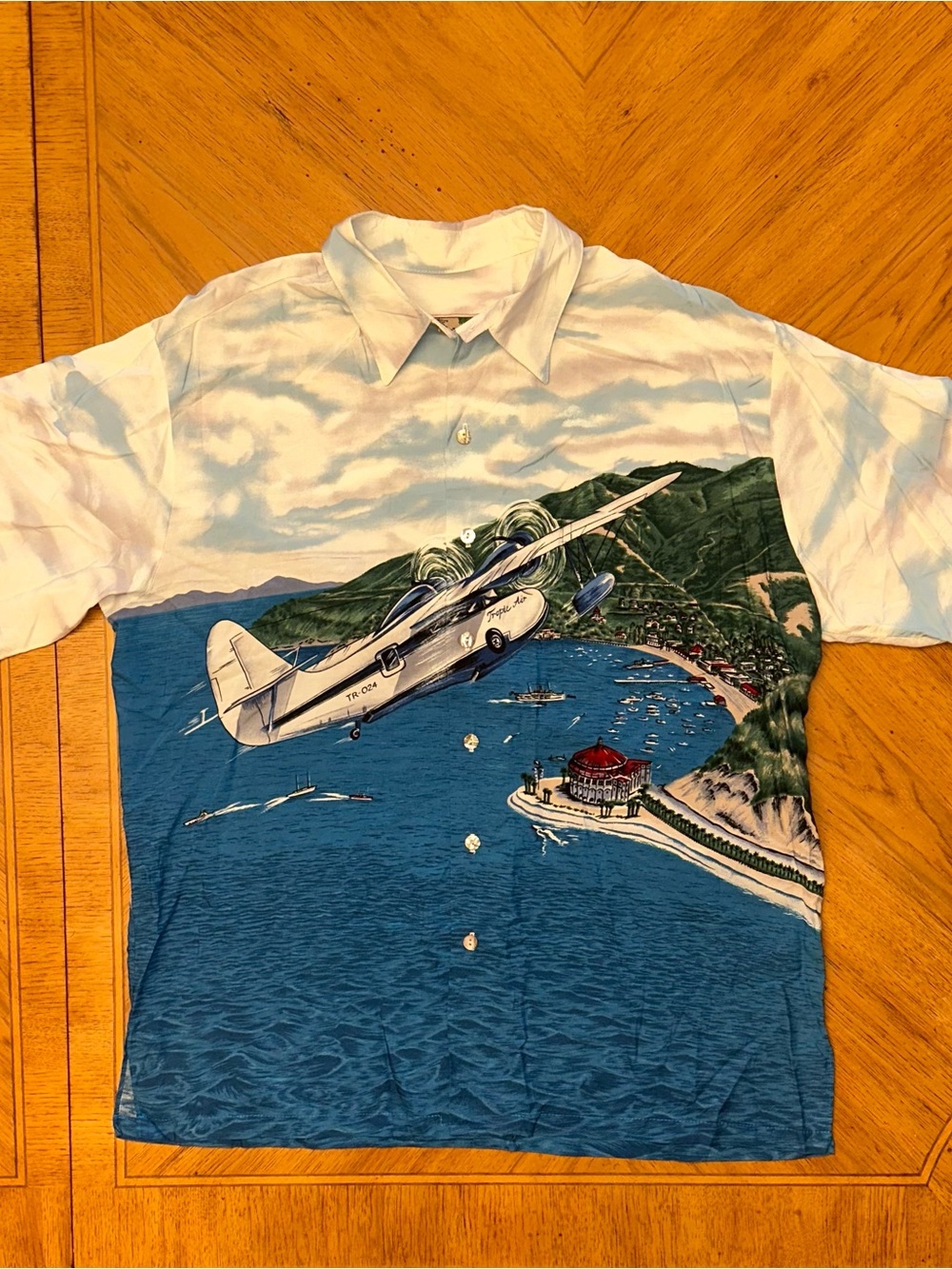 Tori Richard Shirt Mens XL Sky Ocean Airplane Print Hawaiian AOP Button Up Rayon